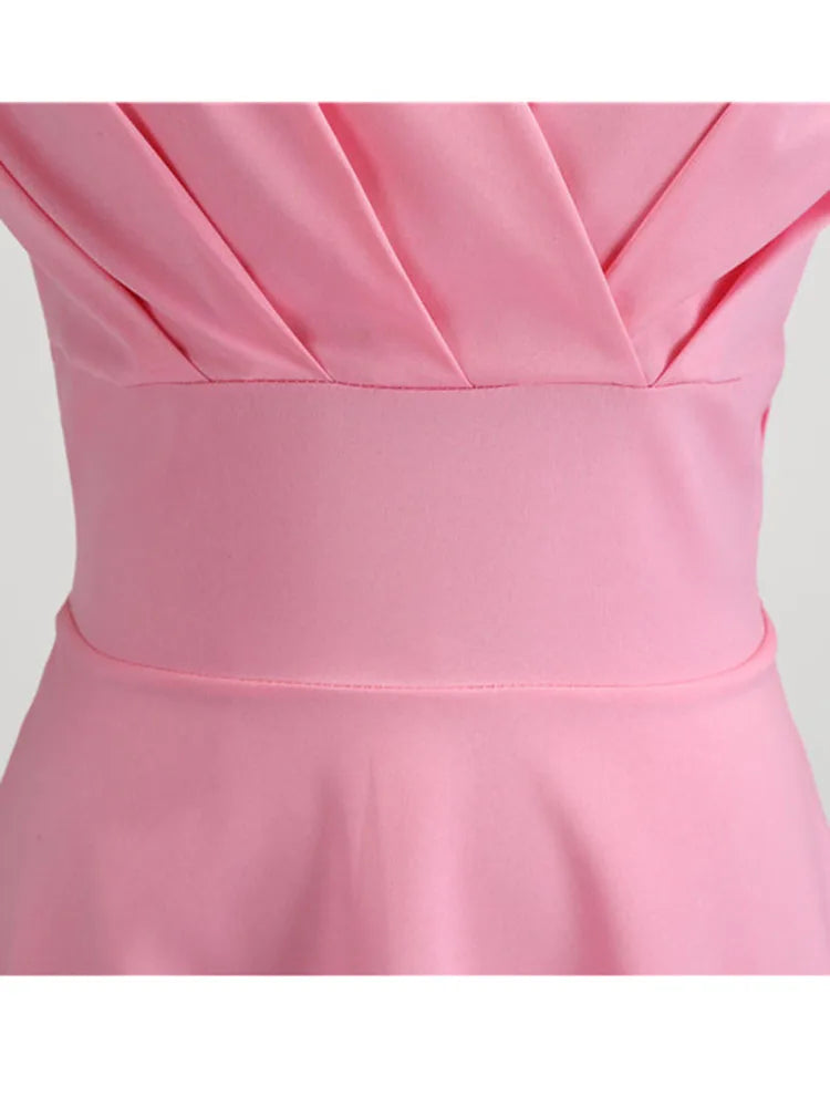 Pinkes Sommerkleid Damen V-Ausschnitt Vintage Robe Elegant Retro Pin Up Party Büro Midikleider