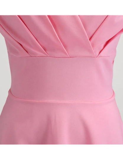 Pinkes Sommerkleid Damen V-Ausschnitt Vintage Robe Elegant Retro Pin Up Party Büro Midikleider