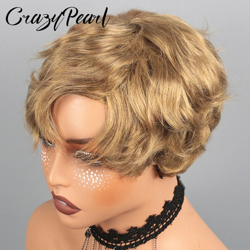 CrazyPearl Colored Light Brown Pixie Cut Wigs Human Hair 100% Short Wigs Human Hair Full Machine Wigs Glueless Wigs Human Hair