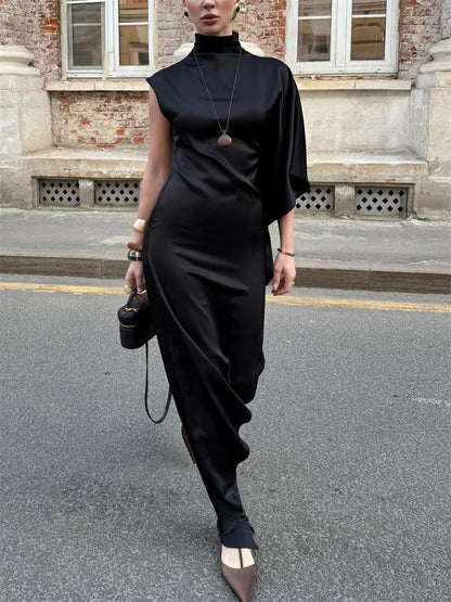 Tossy Casual Sleeveless Satin Maxi Dress Female Turtleneck Patchwork Slim Fashion Solid Commute Dress For Women Long Dress 2025