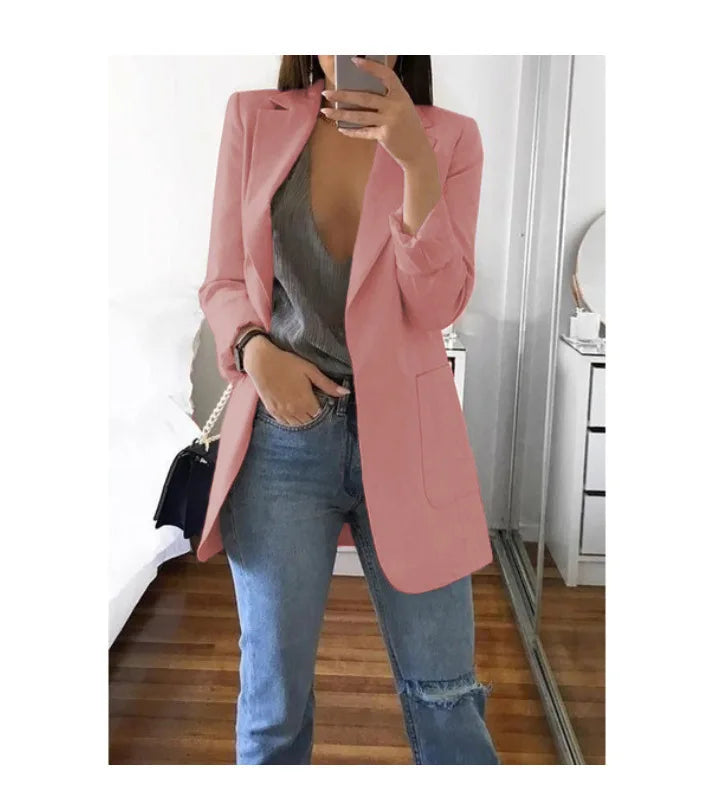 European and American Fashion Casual Suit Polo Neck Slim Fit Cardigan Temperament Women's  Coat Spring and Autumn 2024