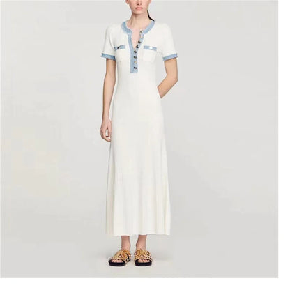 Elegantes, kontrastierendes, gestricktes Maxi-Kleid für Damen, schickes O-Ausschnitt-Kurzarmkleid mit Metallknöpfen, figurbetonte Kleider, Büro-Lady-Pendlerrobe