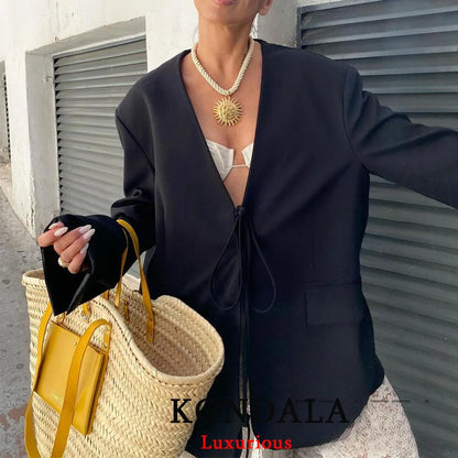 KONDALA Casual Oversized Black Blazer Women V Neck Bow Tie Pockets Loose Jackets Fashion 2025 Fall Streetwear Women Outwears