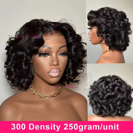 100 % unbehandeltes indisches Echthaar, Bouncy Wave, 4x4 HD-Lace-Vollperücken, hohe Dichte, 12 Zoll, Wear and Go, Ombre Bouncy Curly Glueless Perücken