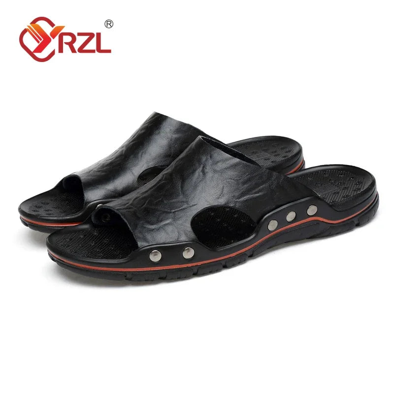 YRZL Sandalen Herren Leder Klassische Sommer Herren Hausschuhe Weiche Schwarze Hausschuhe PU-Leder Hausschuhe Leichte EVA-Slides für Herren