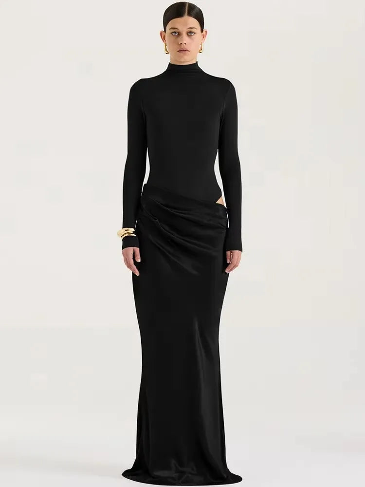 JULISSA MO Satin Sexy Hollow Out Damen Maxikleid Schwarz Ärmellos High Waist Kleid Female Herbst Skinny Elegant Party Clubwear