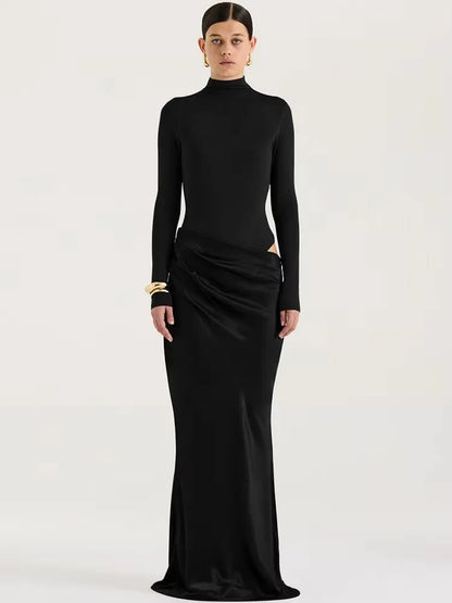 JULISSA MO Satin Sexy Hollow Out Damen Maxikleid Schwarz Ärmellos High Waist Kleid Female Herbst Skinny Elegant Party Clubwear