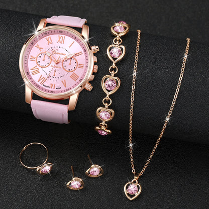 5/6 Stück modische Damen-Quarzuhren mit Lederarmband, analoge Armbanduhren, Herz-Strass-Schmuckset (ohne Box)