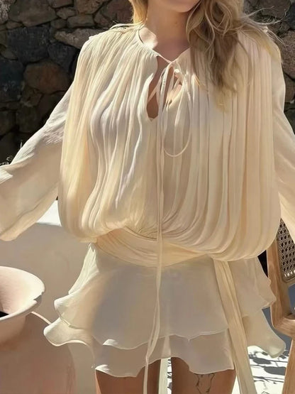 TWOTWINSTYLE Solid Bluse Minikleider für Frauen V-Ausschnitt Langarm Gespleißt Geschnürt Süßer Stil Kleid Weibliche Kleidung Mode