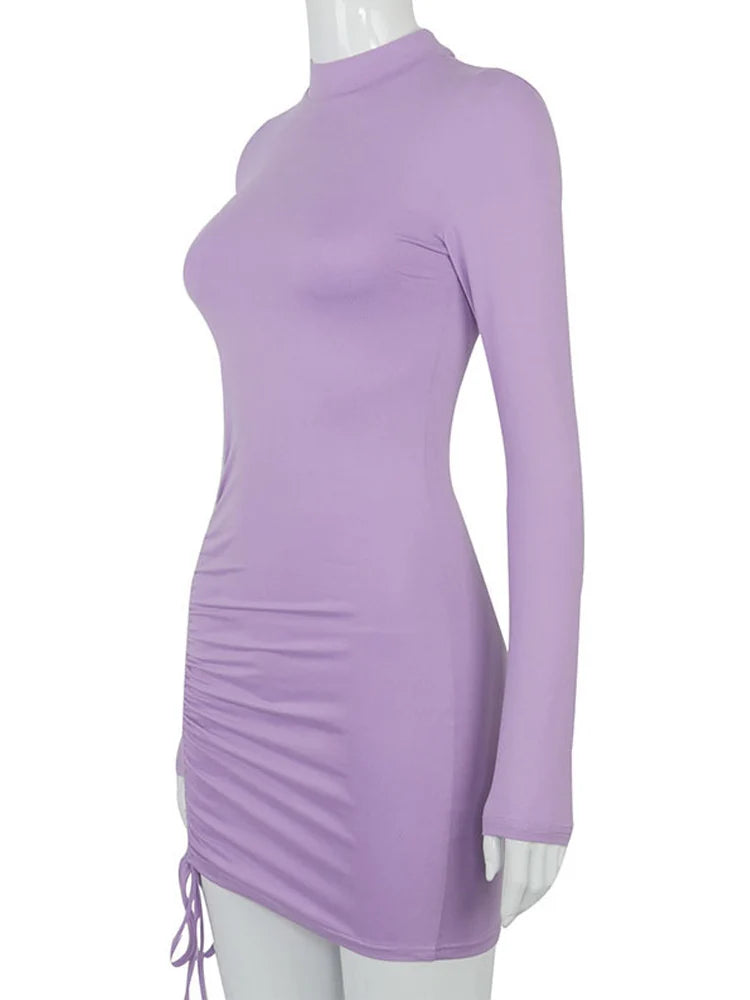 Damen Langarm Ruched Bodycon Kleid Rollkragen Bandage Minikleider Herbst Schwarz Enges Stretch-Partykleid