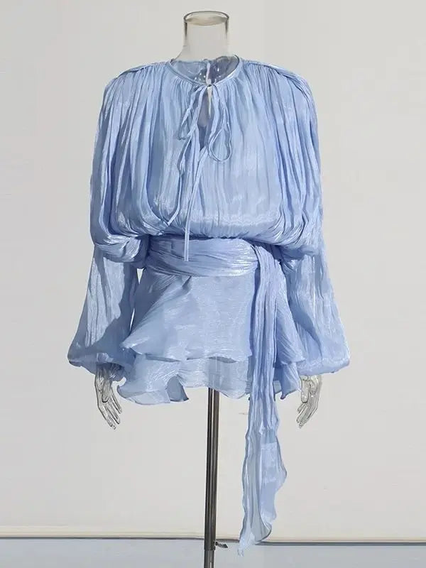 TWOTWINSTYLE Solid Bluse Minikleider für Frauen V-Ausschnitt Langarm Gespleißt Geschnürt Süßer Stil Kleid Weibliche Kleidung Mode