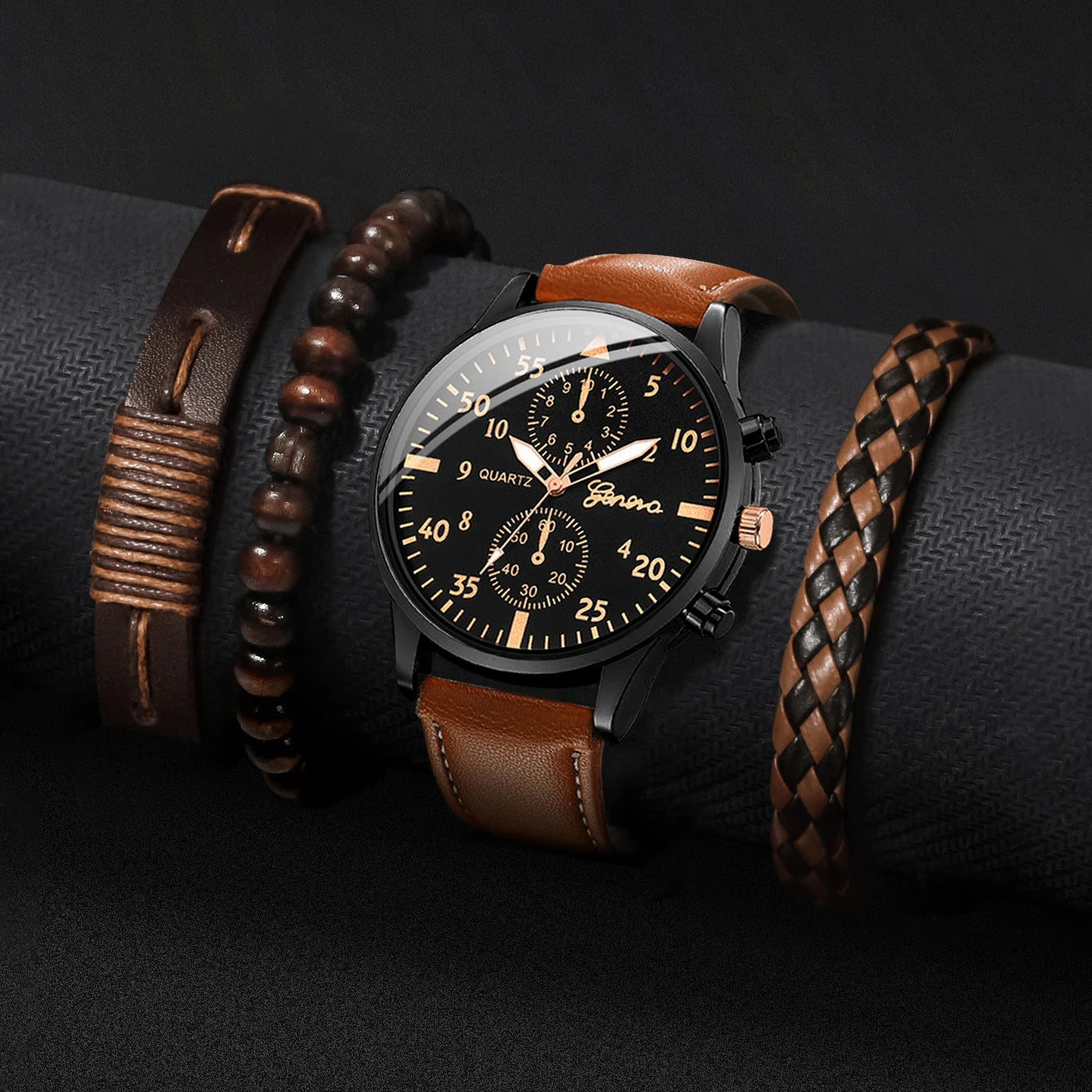 4TEILE/Set Herren Business-Armbanduhren Mode Arabisches Zifferblatt Lederband Quarzuhren Vintage Armbänder Set (Ohne Box)