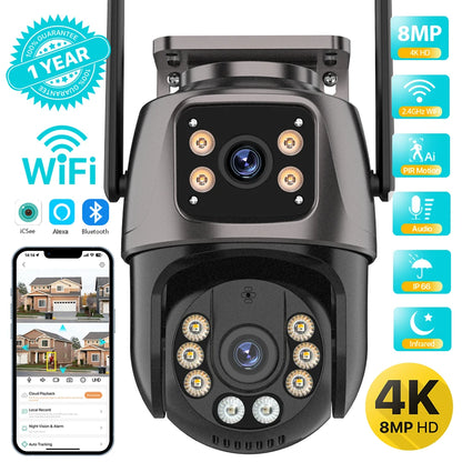 4K 8MP HD WLAN PTZ Kamera Outdoor 4MP Dual-Objektiv Dual-Bildschirm KI Auto-Tracking IP Kamera CCTV Audio Videoüberwachung P2P iCSee