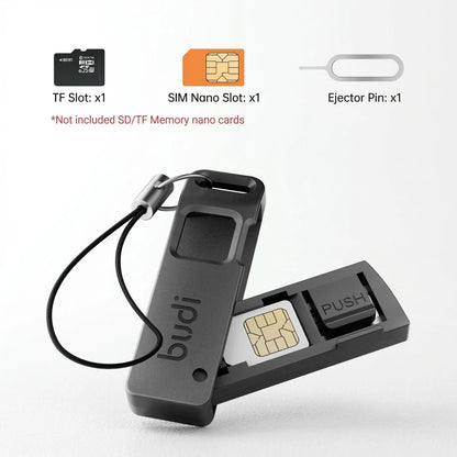 BUDI Anti-Lost SIM-Karten-Auswurfstift-Aufbewahrungsbox Universal Handy Stahl-Auswurfstift SIM TF-Kartenfach Öffner Schlüsselanhänger