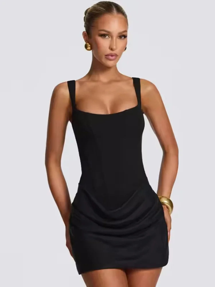Sexy Square-neck Halter Mini Dress Women Pleated Sleeveless Backless High Waist Bodycon Dresses 2026 New Summer Lady Party Robes