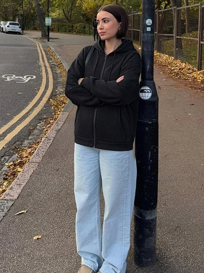 HH 2025 Casual Women's Soild Zipper Hoodie Long Sleeve Big Pocket Zipper Jacket With Hood Female Loose Outerwear Coat Tops