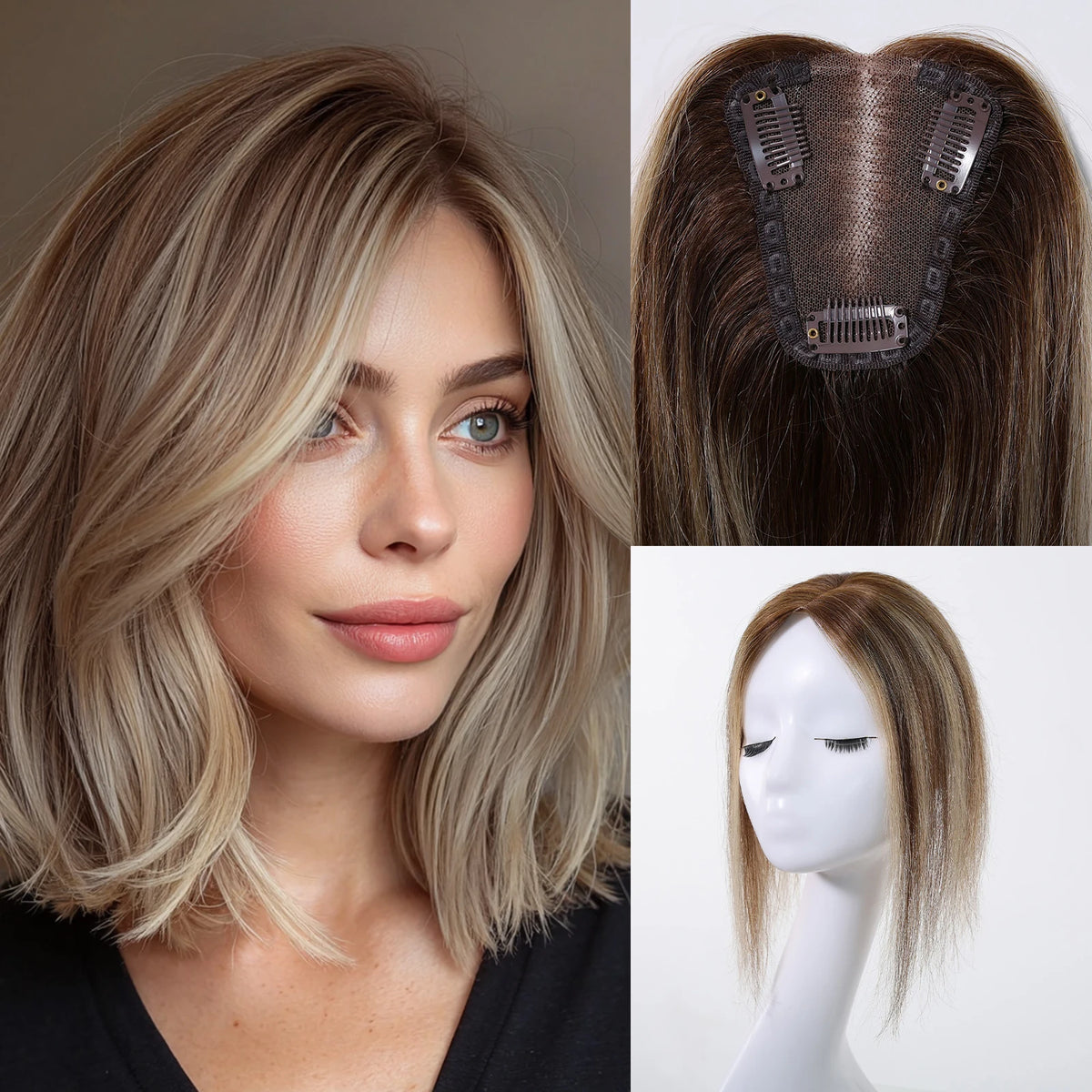Light Brown Blonde Ombre 12 Inch Human Hair Toppers Lace Base Clip In Hairpiece for Women 100% Remy Human Hair Extensions