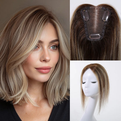 Light Brown Blonde Ombre 12 Inch Human Hair Toppers Lace Base Clip In Hairpiece for Women 100% Remy Human Hair Extensions