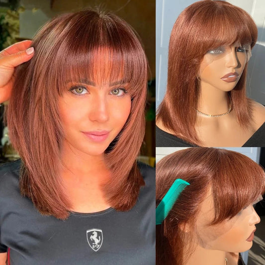 Brasilianische Straight Bob Lace Front Perücke mit Pony Remy Echthaar Schwarze Farbe Perücken für Frauen Braun 33# Haare T-Teil Lace Perücken