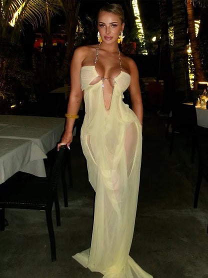Nibber Abschlussballkleid Damen Sexy Transparent Luxuriöse Kette Neckholder Tiefer Ausschnitt Rückenfrei Ärmellos Mitternacht Elegant Vestidos