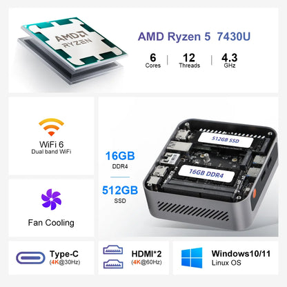 Ninkear M7 Mini PC AMD Ryzen™ 5 5625U Windows 11 PRO 16GB DDR4 RAM 512GB SSD WIFI 6.0 Fan Cooling Mini Computers