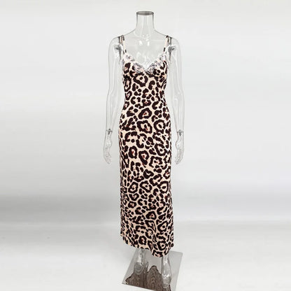 Lace V-Neck Patchwork Maxi Dress Women Backless High Waist Slim Spaghetti Contrast Party Dress Female Spring Long Dress Hot Sale