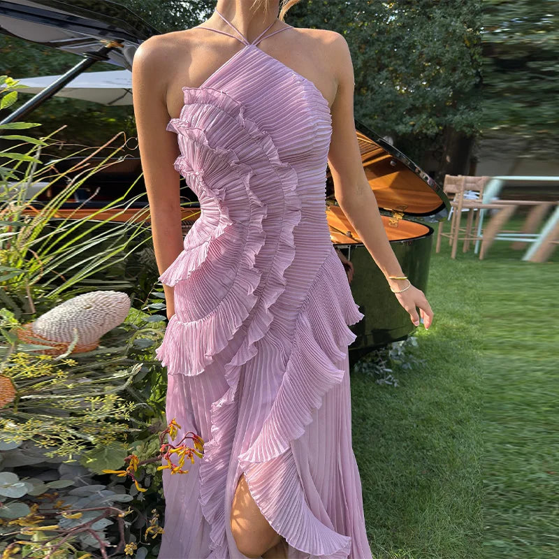 Chic Elegant Lotus Edge Maxi Dress Slim Fit Backless Lace Up Halter Robes Sleeveless Party Vestidos 2025 Nw Lady Vacation Gowns