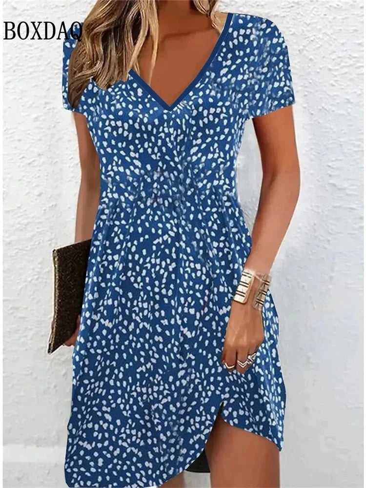 Women'S Casual Sundress Loose Summer Boho Beach Dress Floral Printed For Women Dress Retro V Neck Short Sleeve Plus Size Dresses