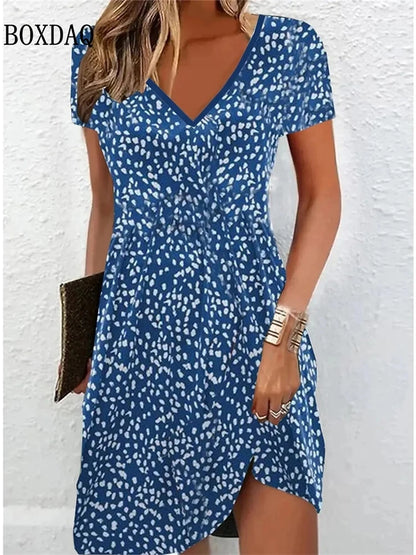 Women'S Casual Sundress Loose Summer Boho Beach Dress Floral Printed For Women Dress Retro V Neck Short Sleeve Plus Size Dresses