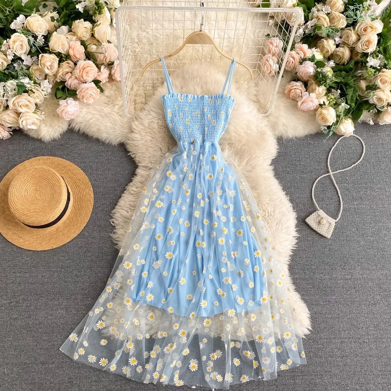 YuooMuoo Damenkleid 2026 Neue koreanische Mode Blumenmuster Spaghettiträger Mesh Partykleid Urlaubsstil Damen Strandkleid