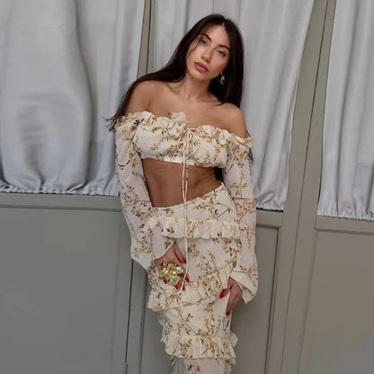 Polka Dot Puff Sleeve Crop Top & Maxi Skirt Set Square Neck Tie-Front 2026 Spring Summer Chic Romantic Women Vacation Vestido