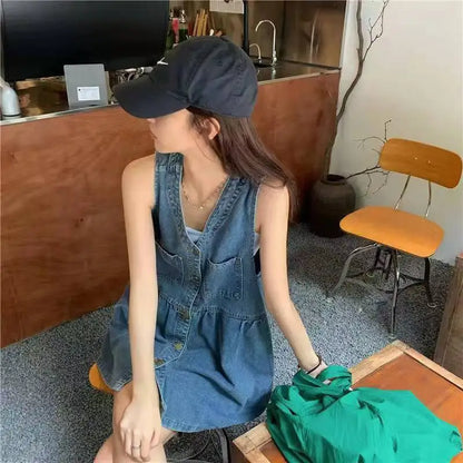 Ärmelloses Trägerkleid Damen Sommer Einreihige Taschen Jeanskleider Damen Koreanischer Stil Lockeres A-Linien Minikleid