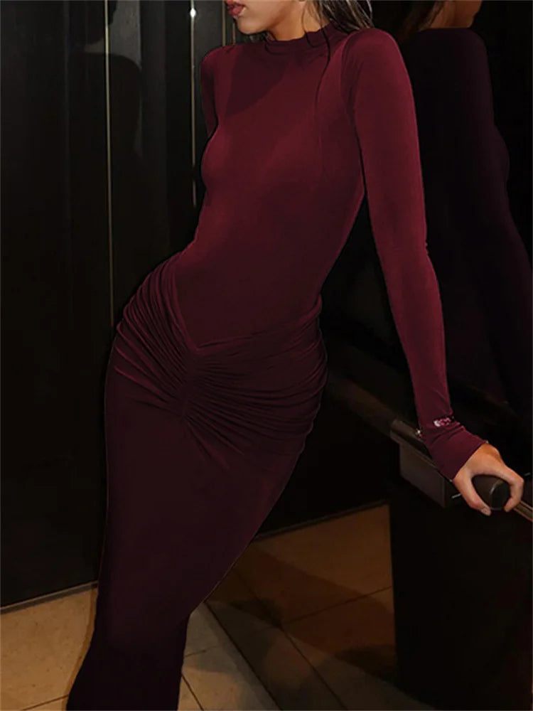 kliou Shirring Women Classic Maxi Dress Autumn New Solid Long Sleeve High Collar Body-shaping Vestidos Mujer Concise Trend Robe