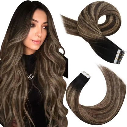 Moresoo Tape in Human Hair Extensions Balayage Blonde Hair Remy Hair Natural Soft Skin Weft Straight Seamless Hair Tape in Hair