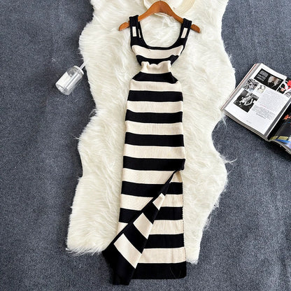 2024 gestreiftes Sommer-Kleid mit elastischem Schlitz, eng anliegend, sexy Strandurlaub, Sonnenkleid für Damen, lässiges, schlankes Bleistiftkleid, langes Maxikleid