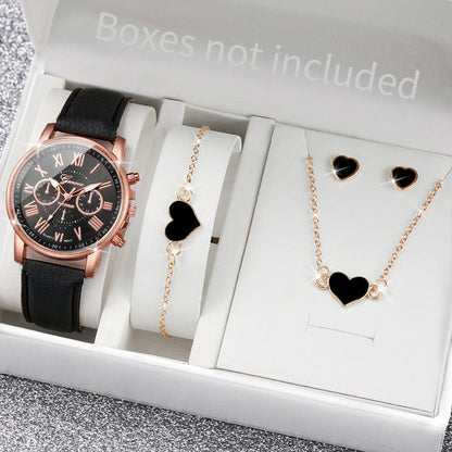 5/6 Stück modische Damen-Quarzuhren mit Lederarmband, analoge Armbanduhren, Herz-Strass-Schmuckset (ohne Box)