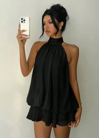 Women's Vacation Slim Fit Fashion Sexy Backless Halter Tie Waist Versatile Solid Color Dress, Stylish and Comfortable Summer