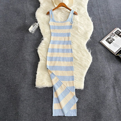 2024 gestreiftes Sommer-Kleid mit elastischem Schlitz, eng anliegend, sexy Strandurlaub, Sonnenkleid für Damen, lässiges, schlankes Bleistiftkleid, langes Maxikleid