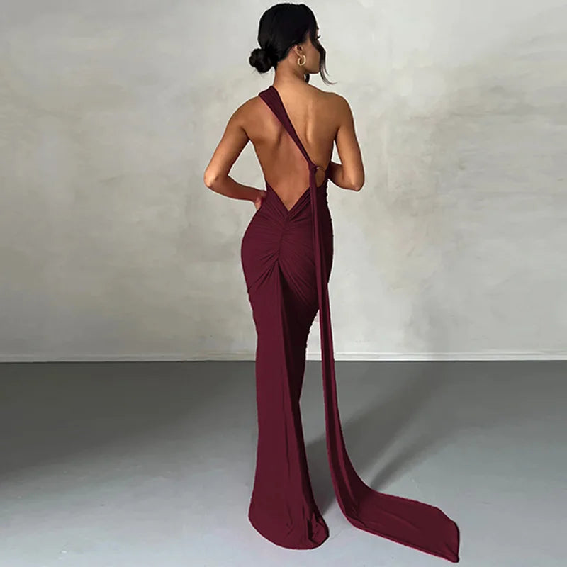 Hugcitar One Shoulder Backless Adjustable Scarf Loop Rüschen Sexy Maxikleid Damen Elegant Y2K Streetwear Festival Outfit