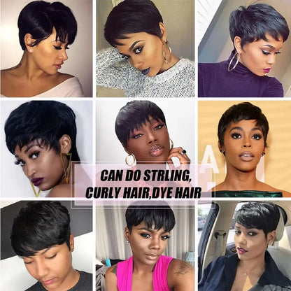 Newmi Pixie Cut Wig Human Hair Wigs Full Machine Wigs Brazilian 100% Human Hair Short Wigs with Bangs for Women Natural Black