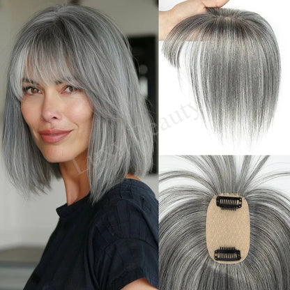 Brown Human Hair Topper With Bangs Women 5x9cm Natural Black Highlights Blonde Skin Scalp Clip in Topper Hair Pieces Human Hair