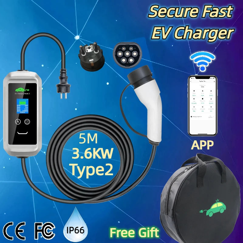 EV Charger 3.6KW 16A 1Phase Portable Type2 Plug Fast Charging Box 5m Cable Adjust Current for Electric Car Charging Station