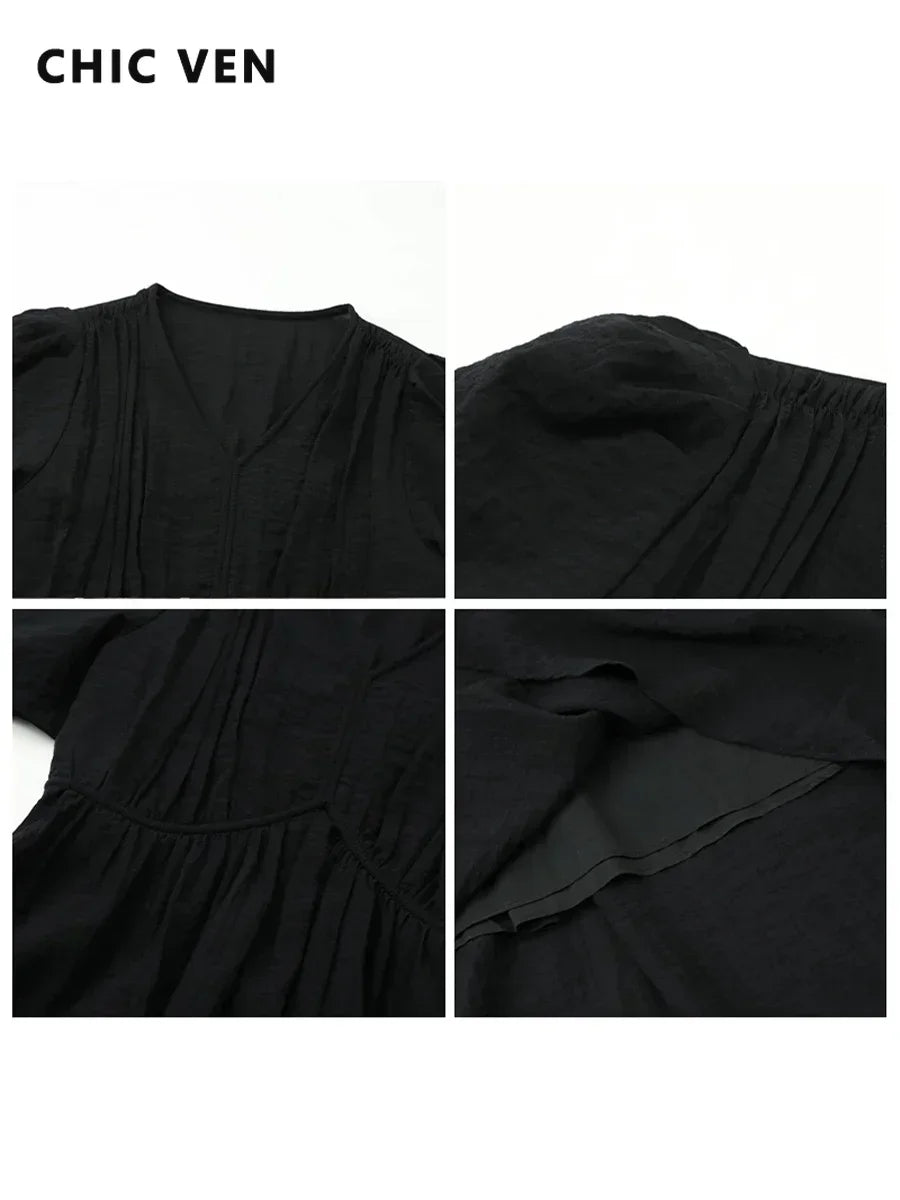 CHIC VEN Damenkleider Französischer Stil Vintage V-Ausschnitt Puffärmel Langes Kleid Einfarbig Schwarz Locker Damenbekleidung Sommer Neu 2023