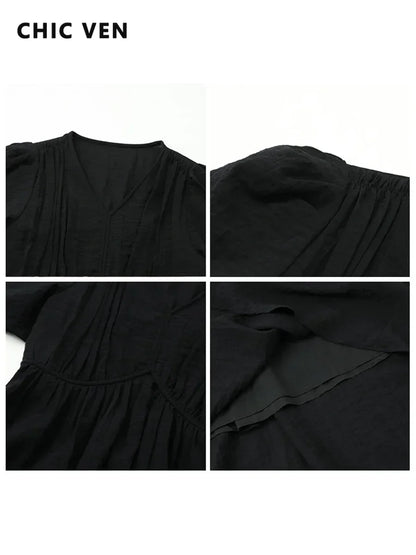 CHIC VEN Damenkleider Französischer Stil Vintage V-Ausschnitt Puffärmel Langes Kleid Einfarbig Schwarz Locker Damenbekleidung Sommer Neu 2023