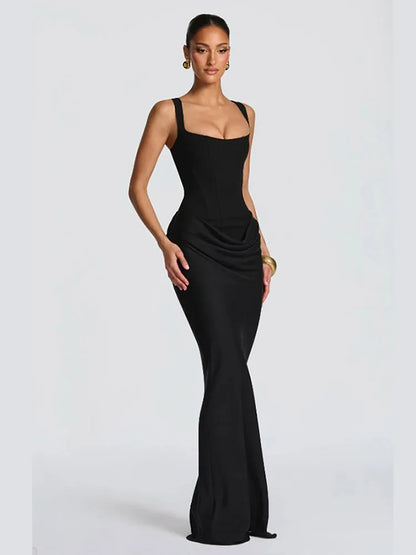 Women Brown Pleated Sling Maxi Dress Square Neck Sleeveless Off-shoulder Waist Cinching Slim Dresses Fashion Evening Party Gowns