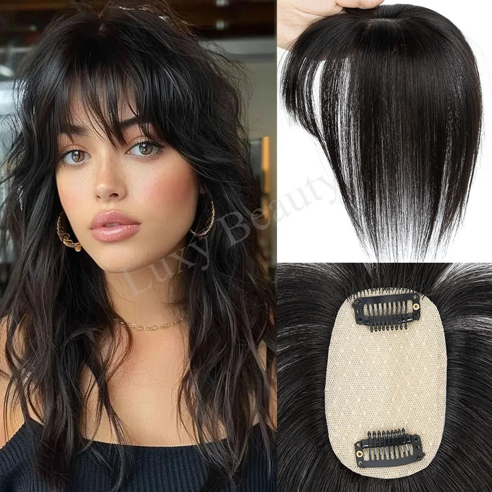 Brown Human Hair Topper With Bangs Women 5x9cm Natural Black Highlights Blonde Skin Scalp Clip in Topper Hair Pieces Human Hair