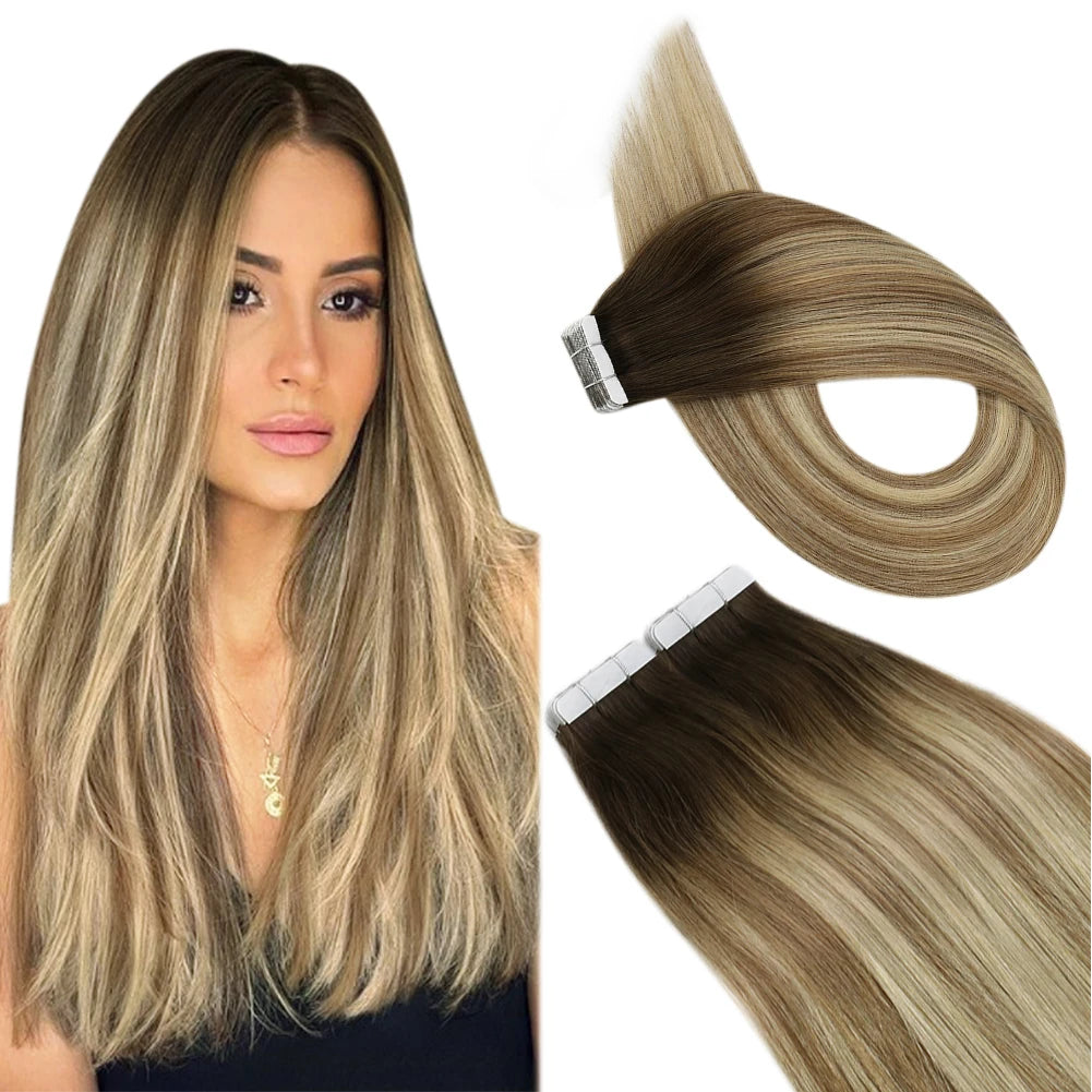 Ugeat Tape in Hair Extensions Human Hair Real Natural Brazilian Remy Hair Straight Seamless Skin Weft For Women Balayage 20P/40P