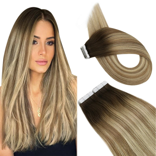 Ugeat Tape in Hair Extensions Human Hair Real Natural Brazilian Remy Hair Straight Seamless Skin Weft For Women Balayage 20P/40P
