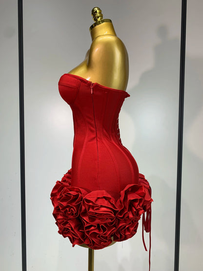 Women Sexy Strapless Backless Flower Embellished Mini Bandage Dress Bodycon Celebrity Party Cocktail Evening Party Club Dresses