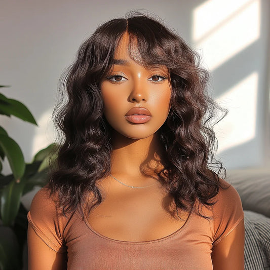 Schlanke 100% Echthaar Brazilian Bodywave Kurzhaarperücken, sofort tragbar, in #2 gefärbt und in #4 Braun für Frauen